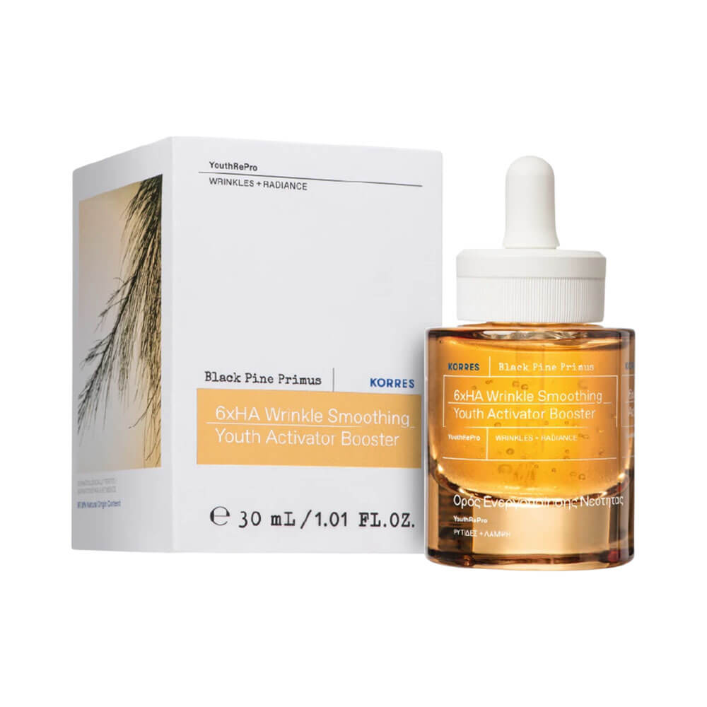 Sérum Facial Korres Black Pine Primus Booster Antirrugas em frasco âmbar com conta-gotas branco e caixa ao lado