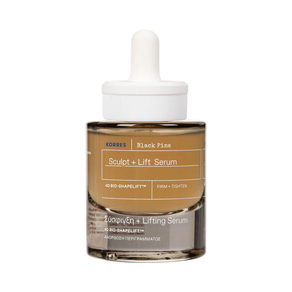Frasco do sérum facial Korres Black Pine Firmador + Lifting Antirrugas 30ml, embalagem elegante e vidro transparente