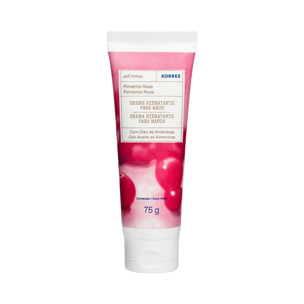 Creme para Mãos Korres Pimenta Rosa Hidratante 75g tubo rosa com imagem de pimenta rosa
