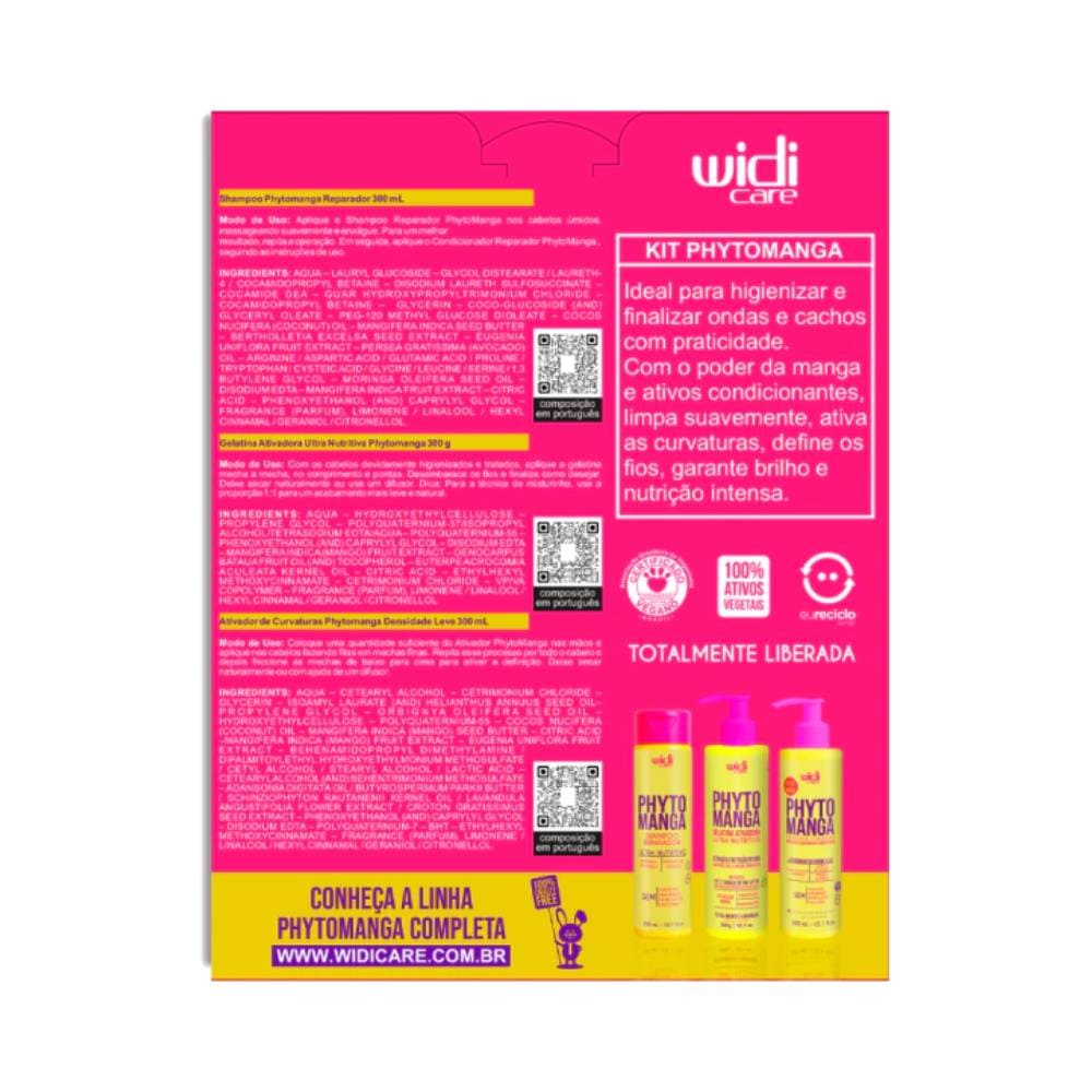 Parte traseira da embalagem do Kit Widicare Phytomanga com informações detalhadas e selo vegano