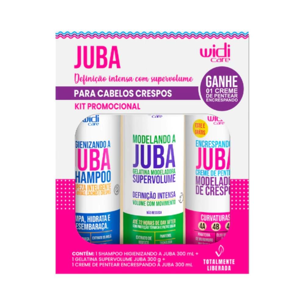 Imagem frontal do Kit Widicare Juba com Shampoo, Gelatina e Creme de Pentear