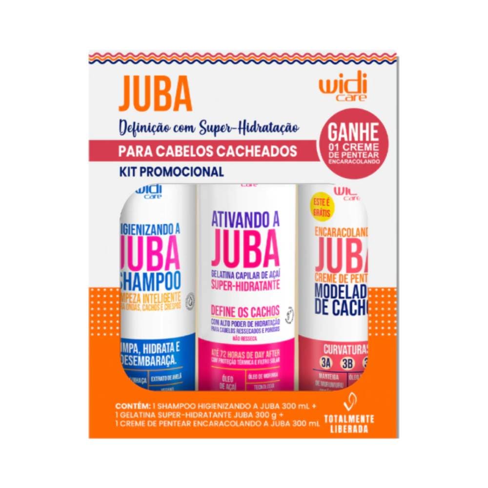 Imagem frontal do Kit Widicare Juba para cabelos cacheados com shampoo, gelatina e creme de pentear