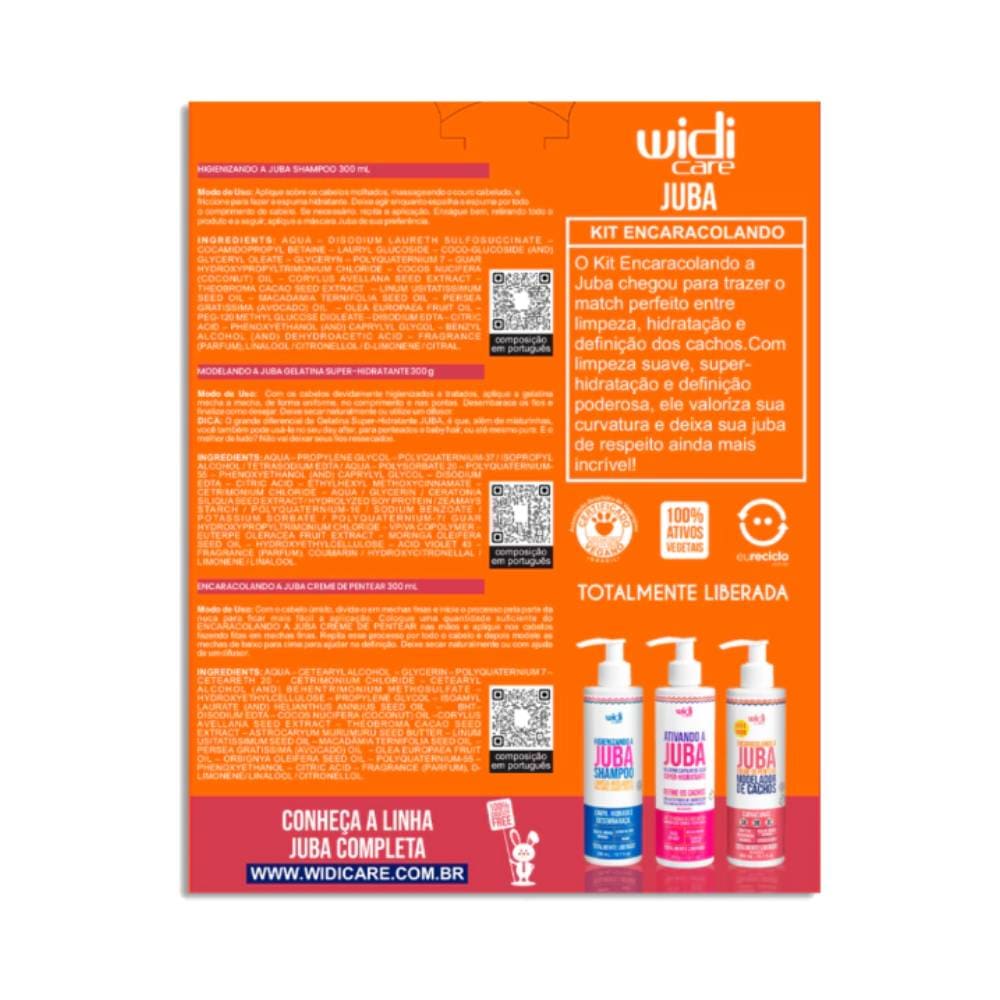 Imagem traseira do Kit Widicare Juba mostrando informações e ingredientes dos produtos
