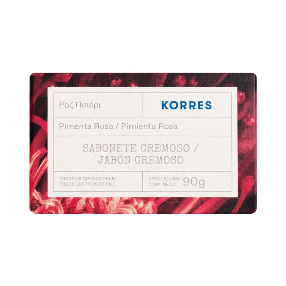 Sabonete Korres Pimenta Rosa 90g com embalagem vermelha e rosa com detalhes florais