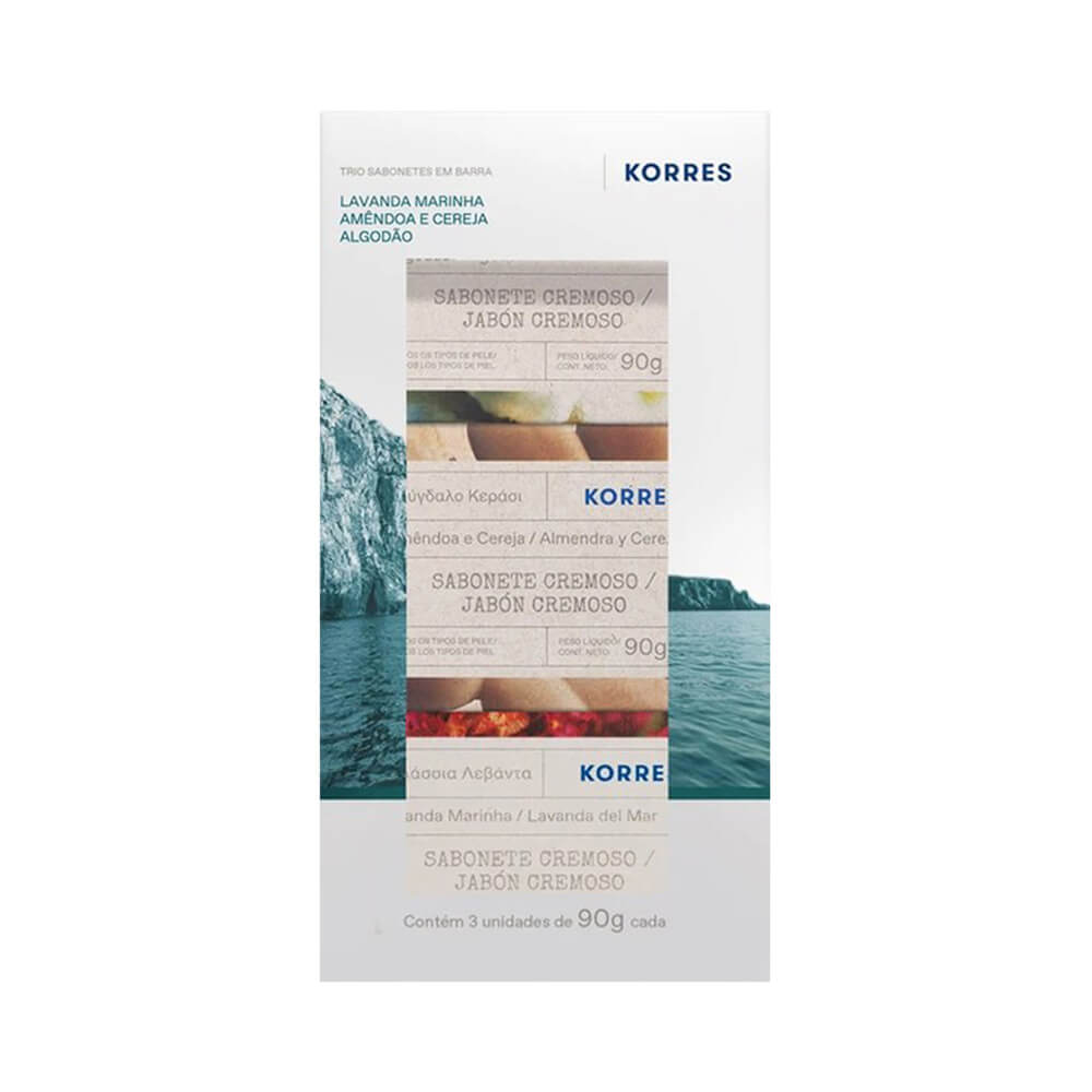 Kit Korres com 3 sabonetes cremosos de 90g cada, nas fragrâncias Algodão, Amêndoa e Cereja, Lavanda Marinha, embalagem branca com imagens naturais.
