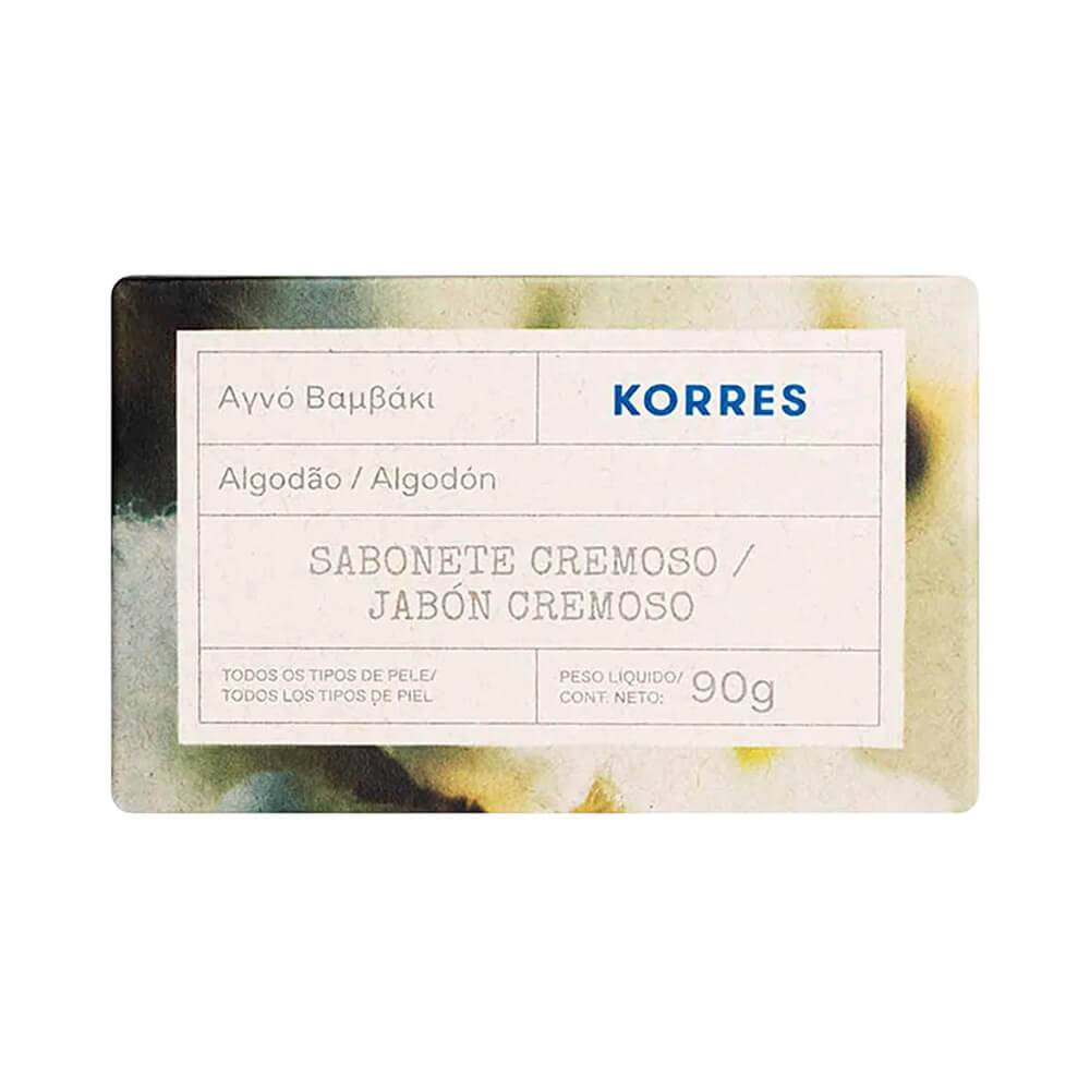 Sabonete cremoso Korres Algodão 90g, embalagem em tons suaves de verde e bege, indicado para todos os tipos de pele.
