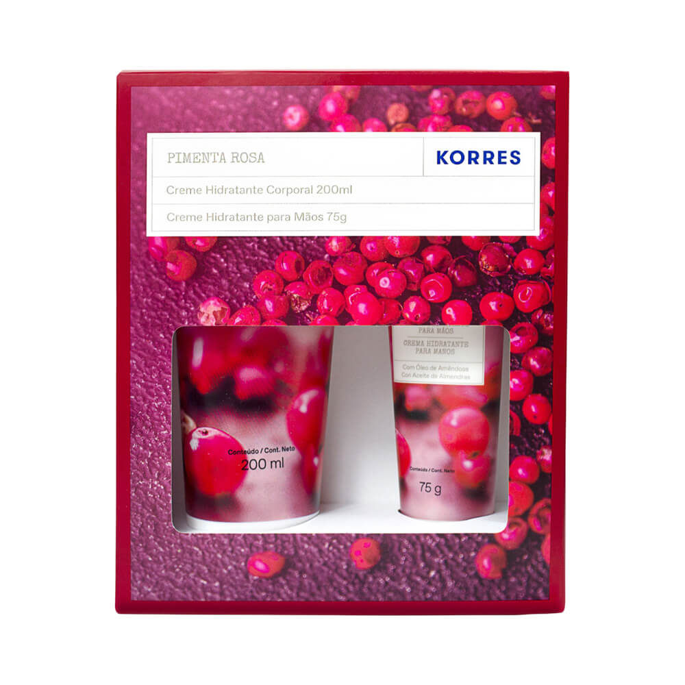 Kit Korres Creme Corporal 200ml e Creme para Mãos 75g Pimenta Rosa com embalagem vermelha e imagens de pimenta rosa