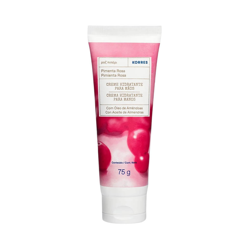 Creme para Mãos Korres Pimenta Rosa 75g com embalagem branca e detalhes em rosa