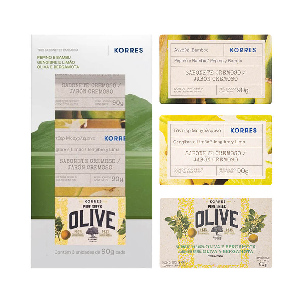 Kit Korres com três sabonetes: Pepino e Bambu, Gengibre e Limão, Oliva e Bergamota
