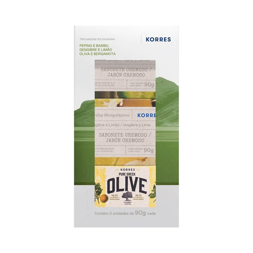 Detalhe das embalagens dos sabonetes Korres com design elegante e natural