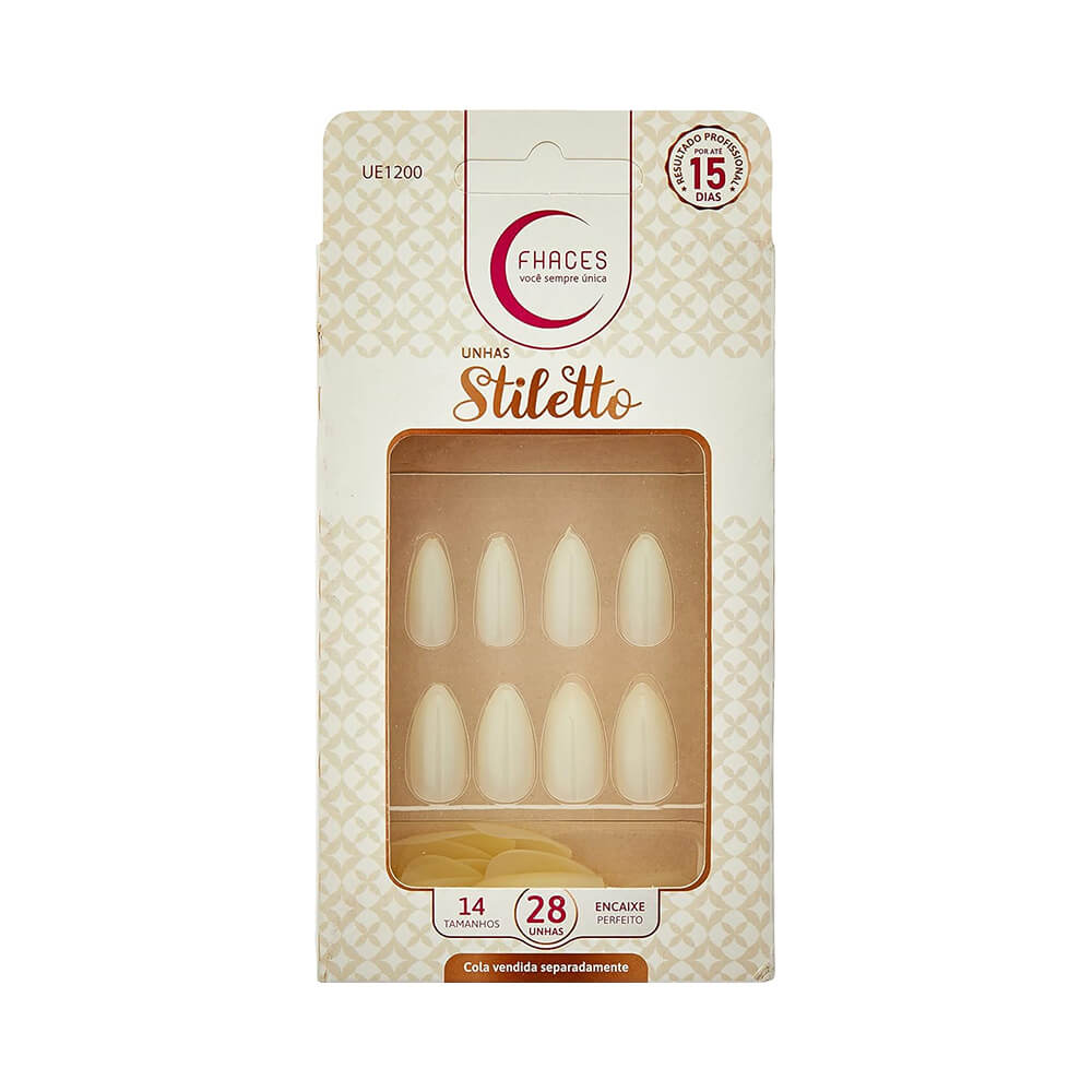 Embalagem frontal das Unhas Fhaces Stiletto Natural 28 Unidades com destaque para formato e variedade de tamanhos