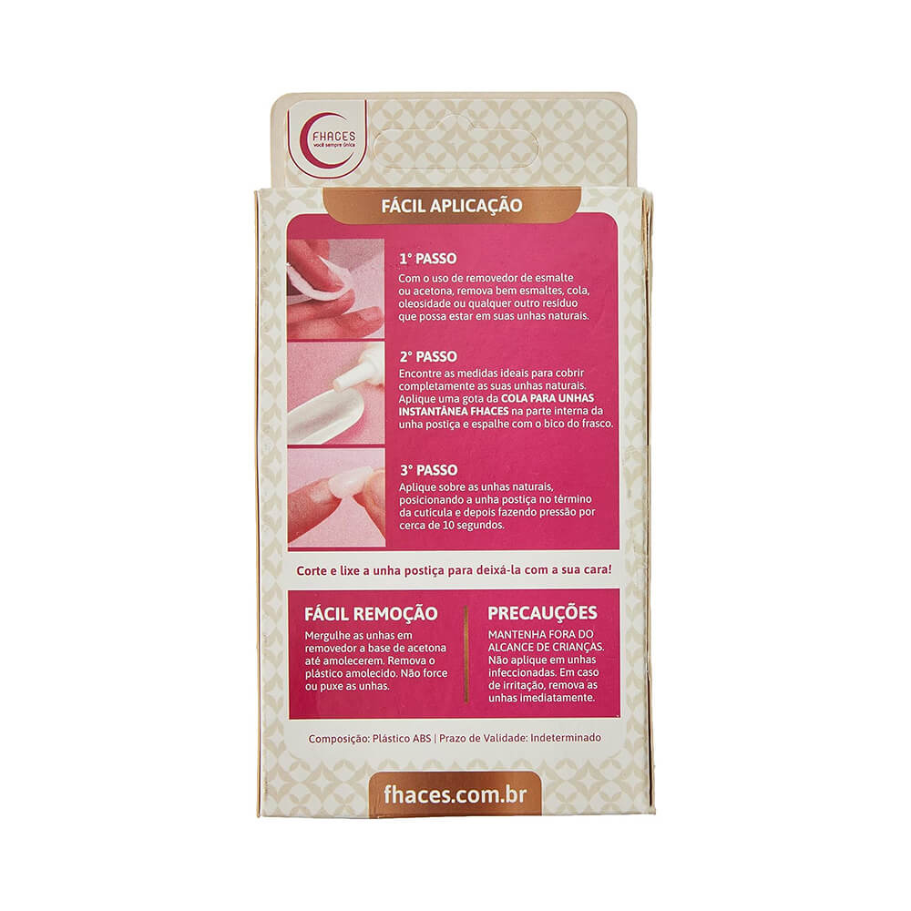 Parte traseira da embalagem com instruções de aplicação e composição das Unhas Fhaces Stiletto