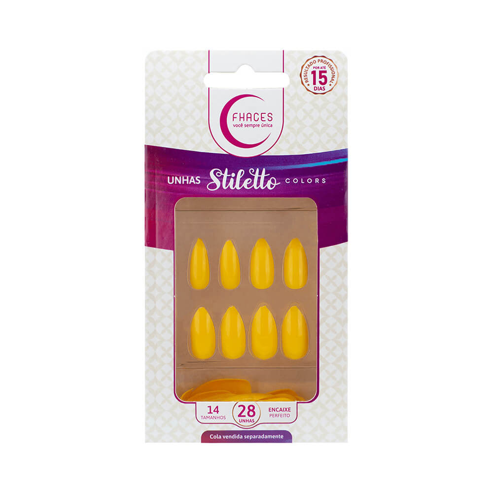 Embalagem de unhas postiças Fhaces Stiletto Colors Sun Flower com 28 unidades
