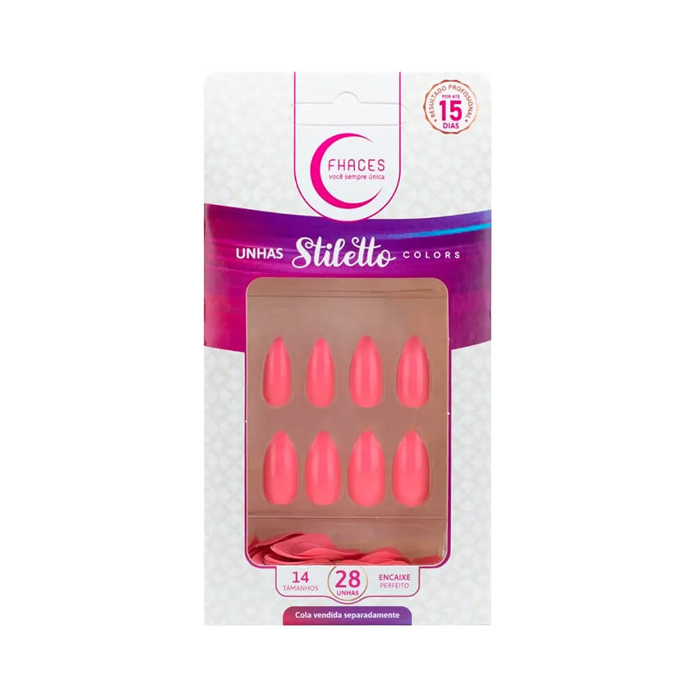Embalagem de unhas postiças Fhaces Stiletto Colors salmão com 28 unidades