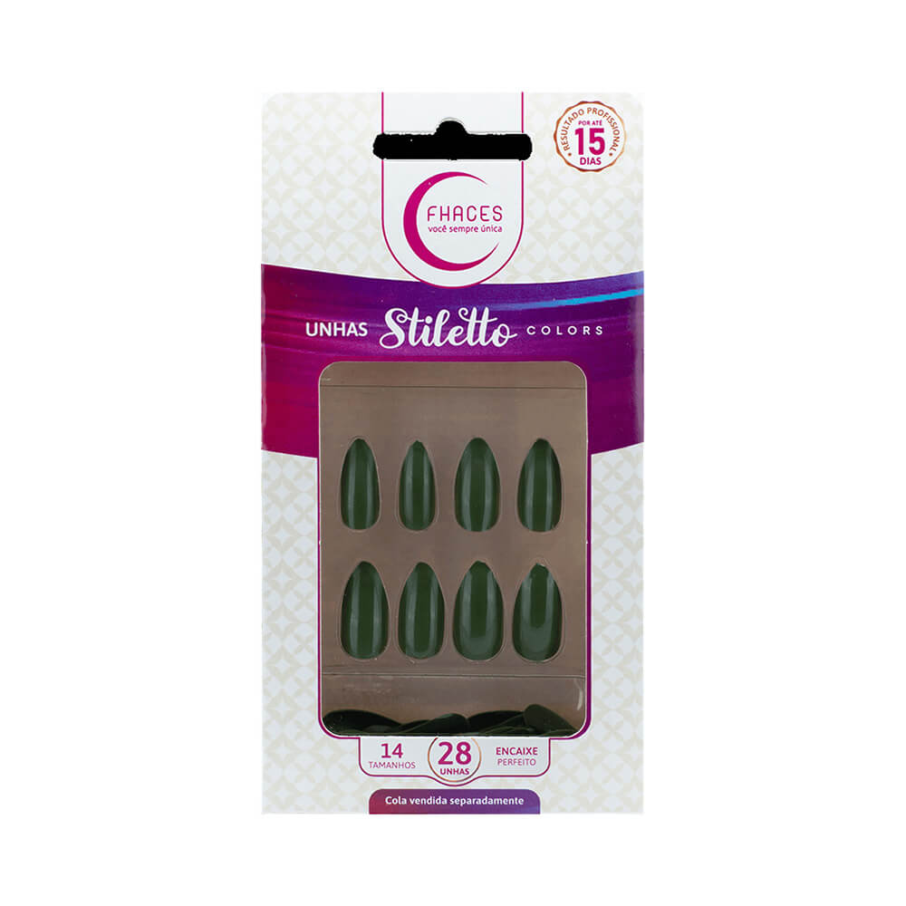 Embalagem de unhas postiças Fhaces Stiletto Colors verde militar com 28 unidades