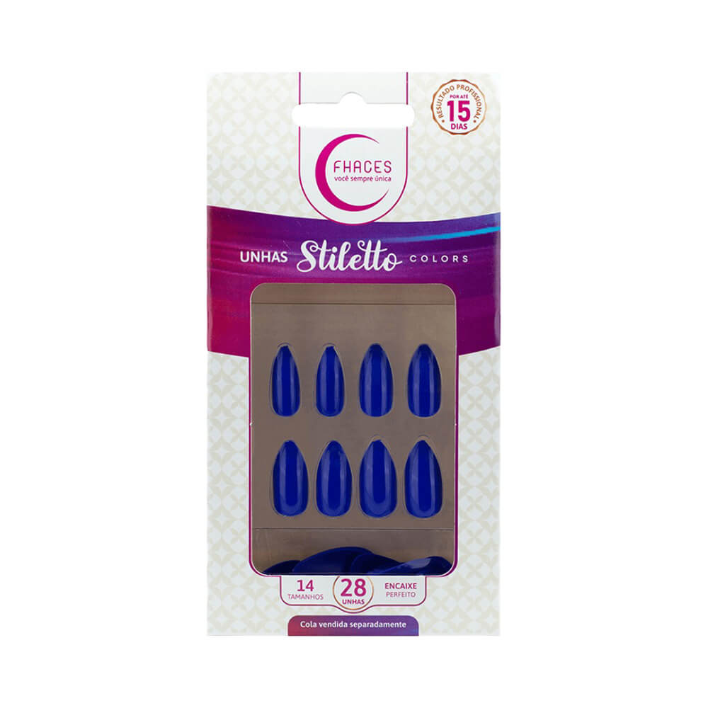 Embalagem das Unhas Fhaces Stiletto Colors Azul Safira com 28 unidades