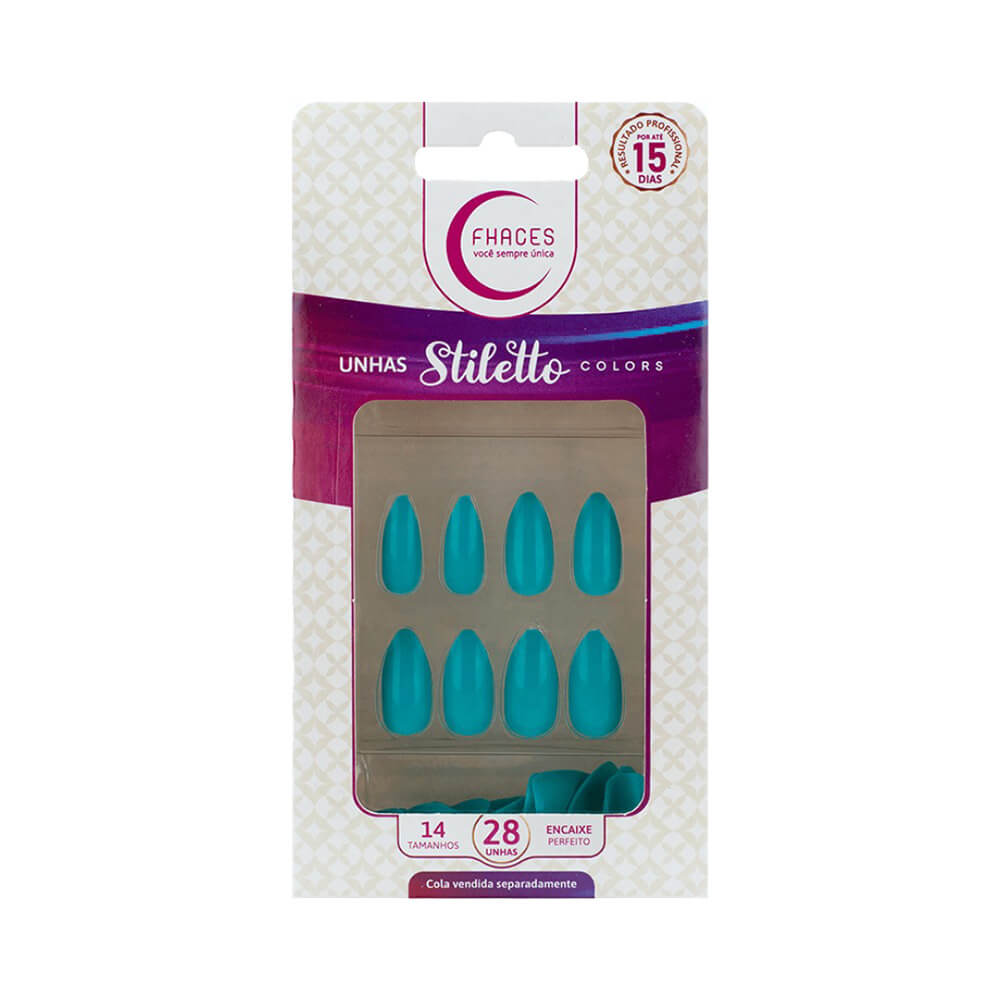 Embalagem das Unhas Fhaces Stiletto Colors Tiffany mostrando 28 unidades com formato stiletto e cor azul Tiffany