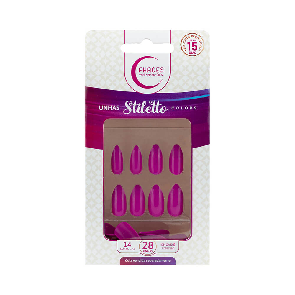 Embalagem das Unhas Fhaces Stiletto Colors Rosa Fucsia com 28 unidades em formato stiletto