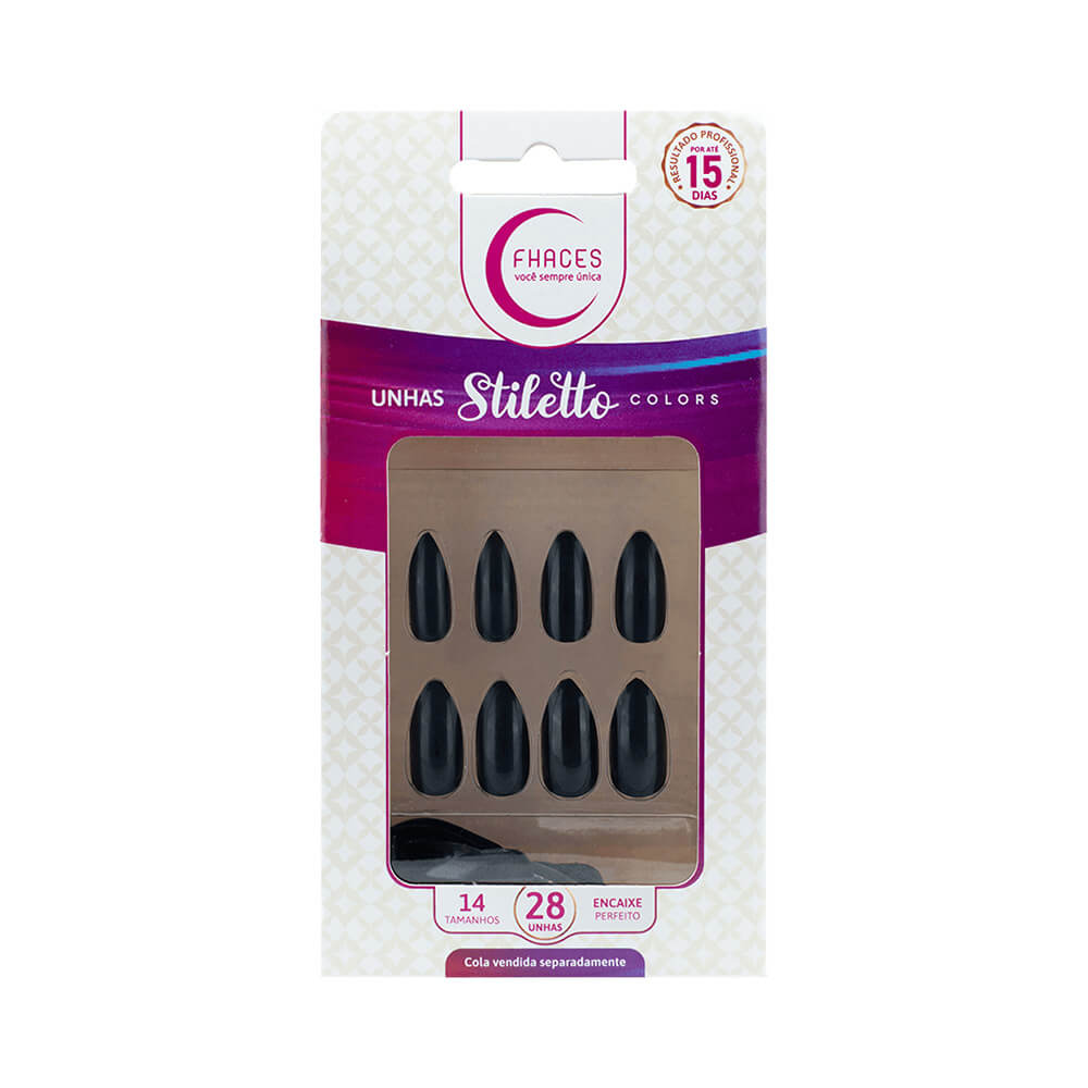 Embalagem das Unhas Fhaces Stiletto Colors Universo Black com 28 unidades em fundo branco