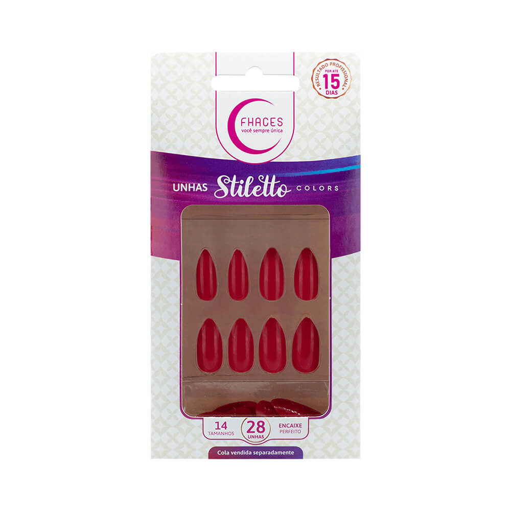 Embalagem das Unhas Fhaces Stiletto Colors Escarlate com 28 unidades mostrando unhas vermelhas no formato stiletto