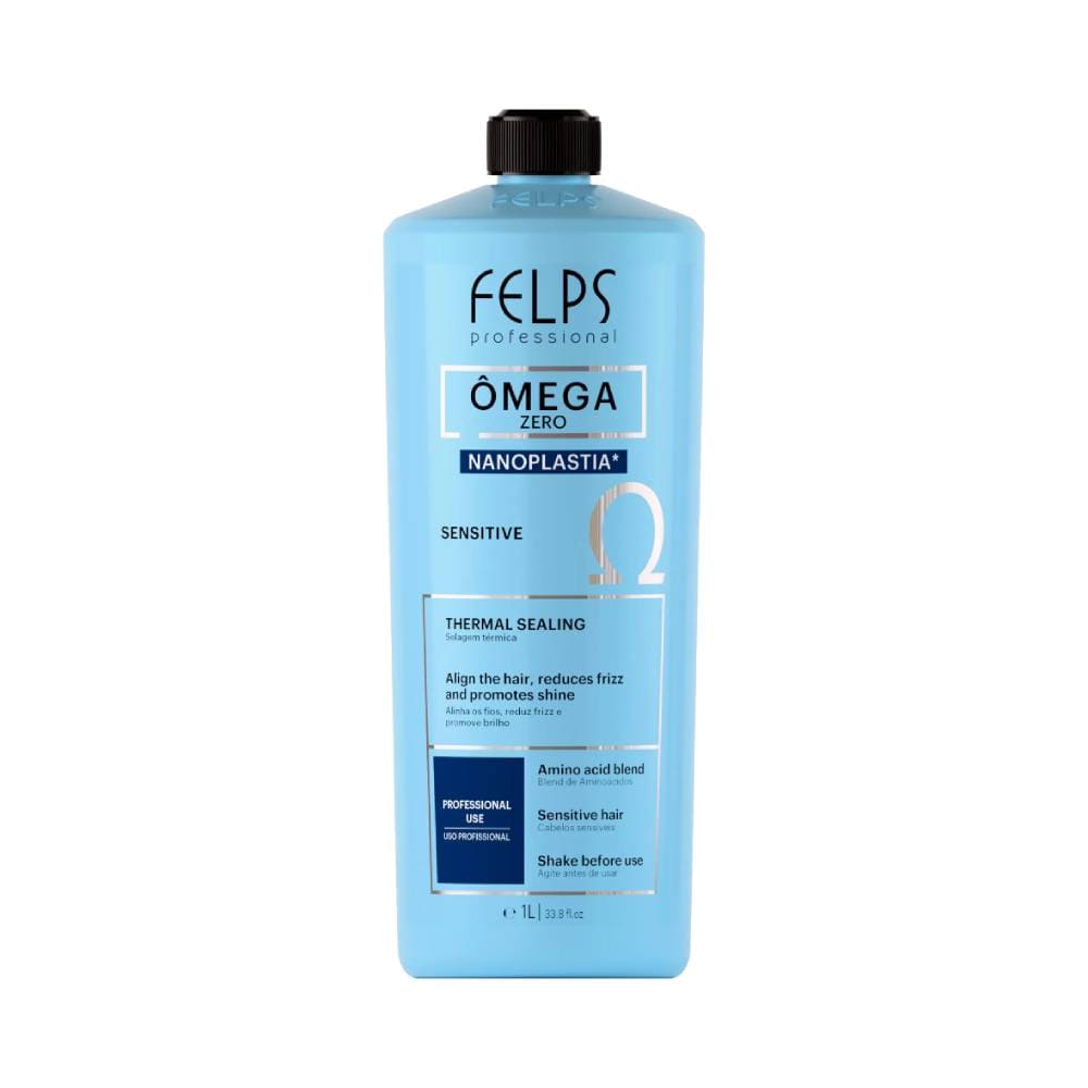 Frontal da embalagem do produto Selagem Capilar Felps Omega Zero Unique 1L, frasco azul claro com tampa preta
