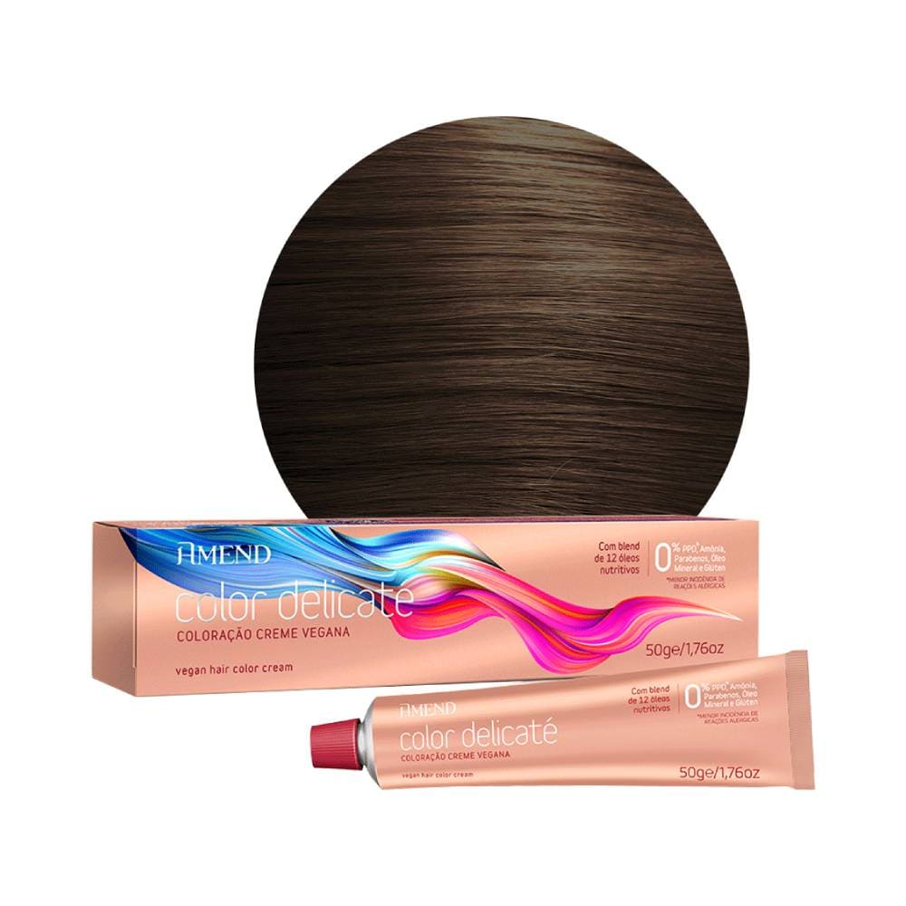 Embalagem da Coloração Amend Color Delicaté 6.0 Louro Escuro 50g em rosa claro com detalhes coloridos