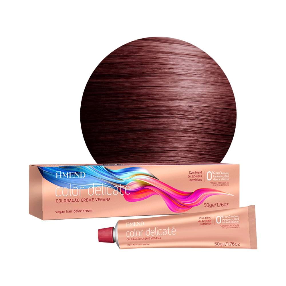 Coloração Amend Color Delicaté 4.66 Castanho Médio Vermelho Intenso 50g embalagem e amostra da cor