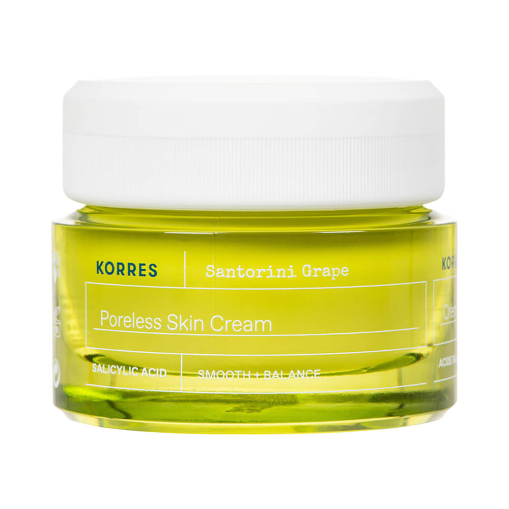 Frasco verde translúcido do Gel Creme Korres Santorini Grape Refinador de Poros 40ml com tampa branca
