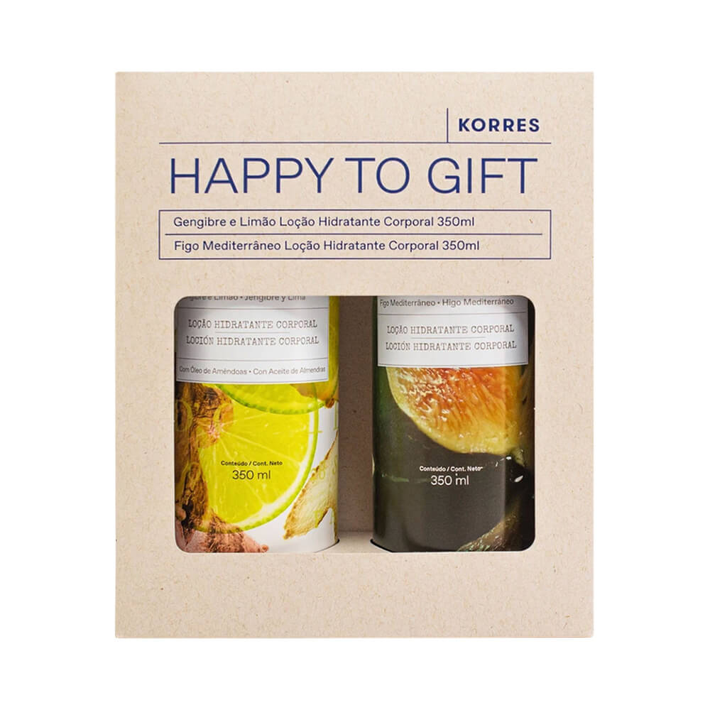 Kit Korres Duo Loção Hidratante Gengibre e Limão + Figo Mediterrâneo 700ml com embalagens e ingredientes