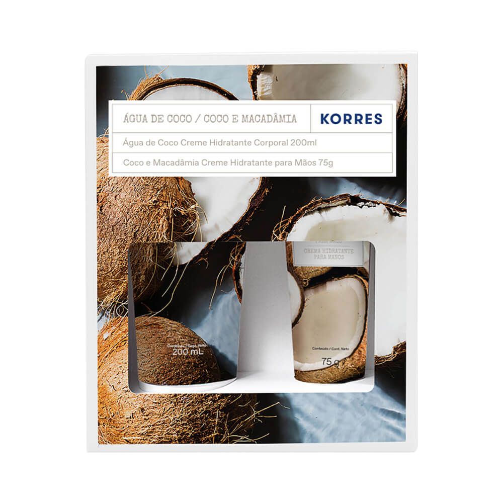 Kit Korres Creme Corporal Água de Coco 200ml e Creme para Mãos Coco e Macadâmia 75g com embalagem branca e detalhes em azul
