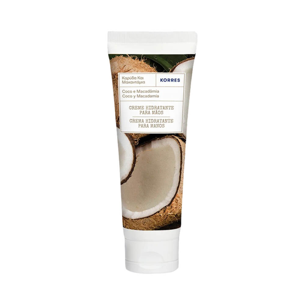 Creme para Mãos Korres Coco e Macadâmia 75g com embalagem branca e fundo de cocos