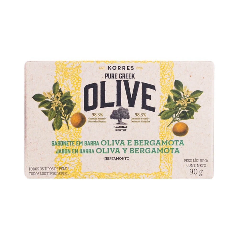 Embalagem do Sabonete Korres Pure Greek Olive Oliva e Bergamota 90g com ilustrações de ramos de oliveira