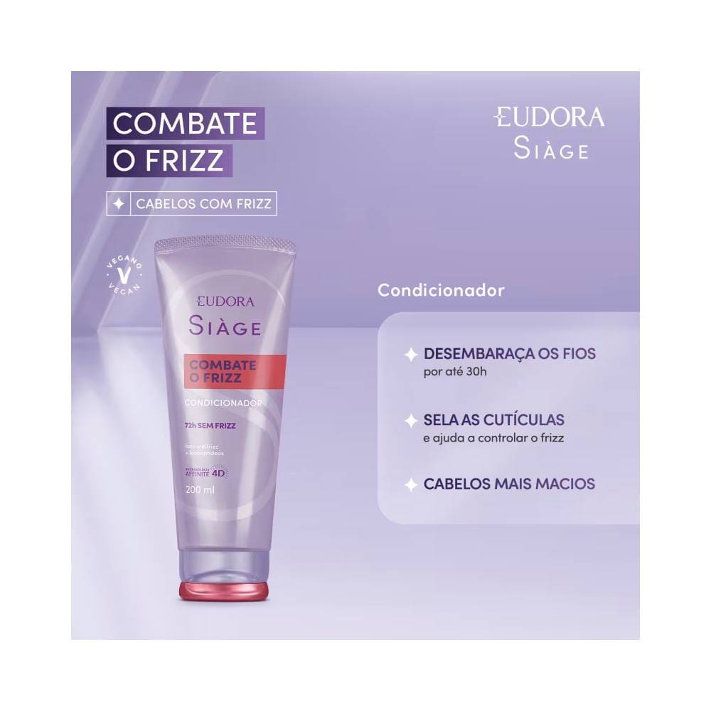 Imagem promocional do Condicionador Siàge Combate o Frizz destacando benefícios para cabelos macios e sem frizz