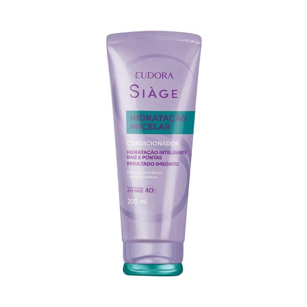 Condicionador Siàge Hidratação Micelar 200ml embalagem lilás com tampa verde translúcida