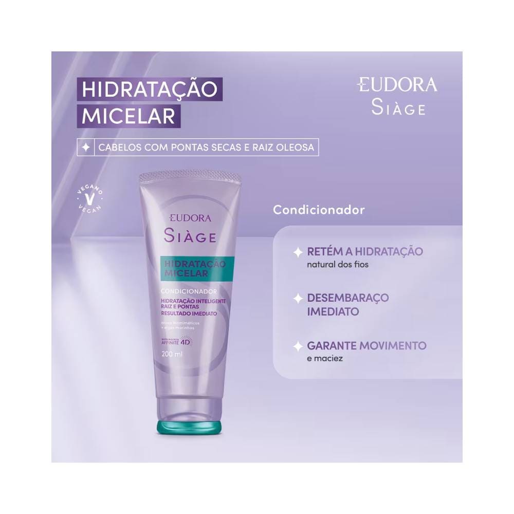 Condicionador Siàge Hidratação Micelar com fundo lilás destacando benefícios