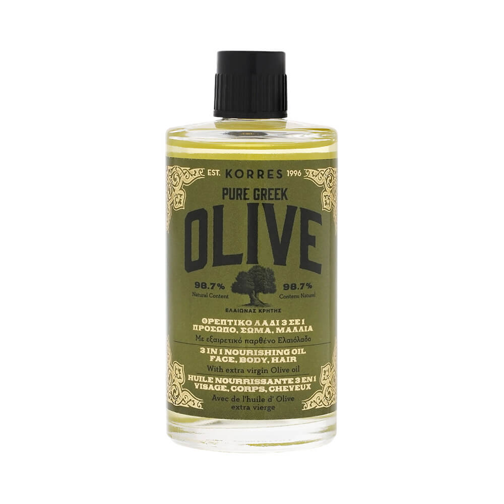 Frasco transparente contendo óleo facial amarelo claro da marca Korres, linha Pure Greek Olive