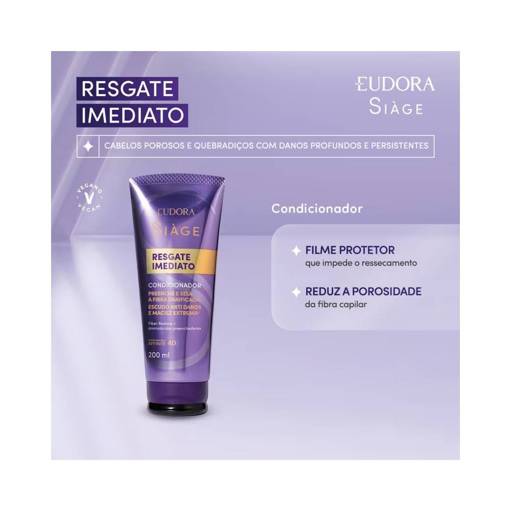 Condicionador Siàge Resgate Imediato 200ml com destaque para cabelos porosos e quebradiços