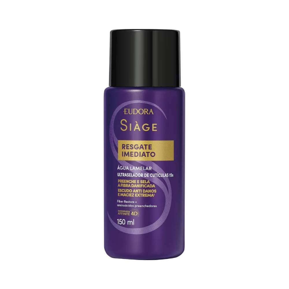 Frasco roxo com tampa preta contendo Água Lamelar Siàge Resgate Imediato da marca Eudora