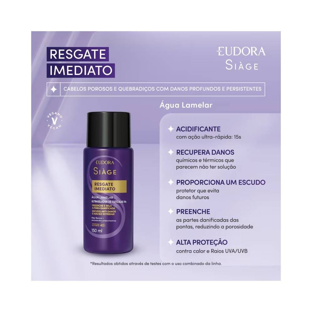 Frasco do produto Água Lamelar Siàge Resgate Imediato com fundo roxo claro e lista de benefícios