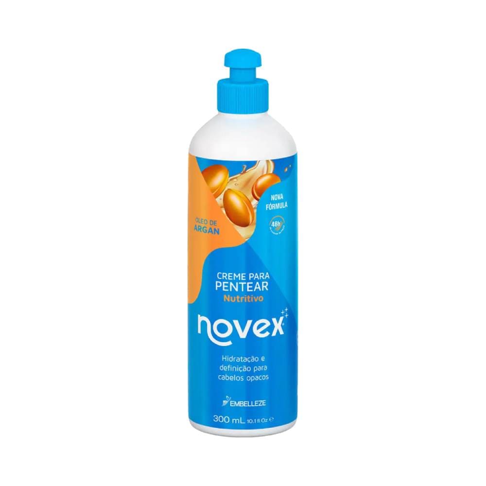 Frontal do creme para pentear Novex Óleo de Argan 300ml com embalagem branca e tampa azul