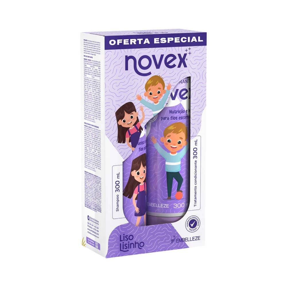 Kit Novex Shampoo + Condicionador Liso Lisinho com embalagens lilás e roxa para cabelos lisos