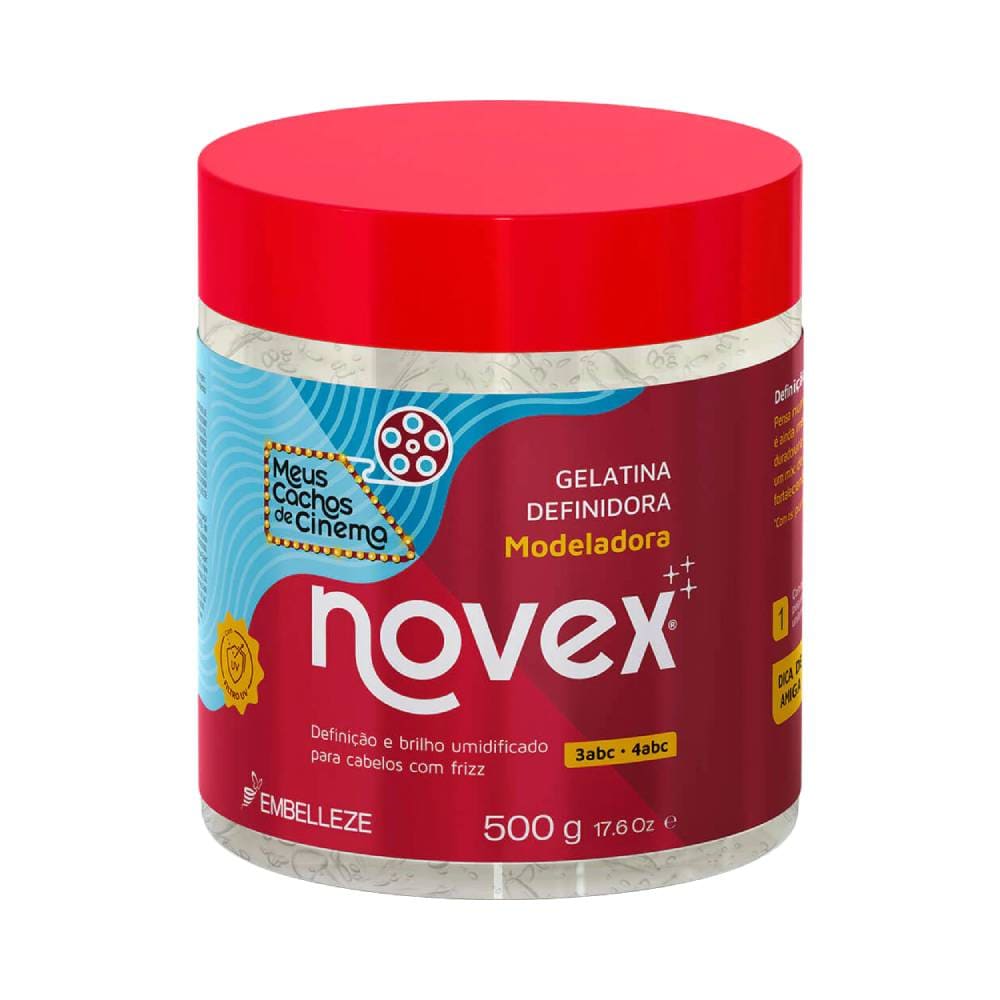 Pote da Gelatina Definidora Novex Meus Cachos de Cinema 500g com tampa vermelha e rótulo vermelho com detalhes em azul e branco