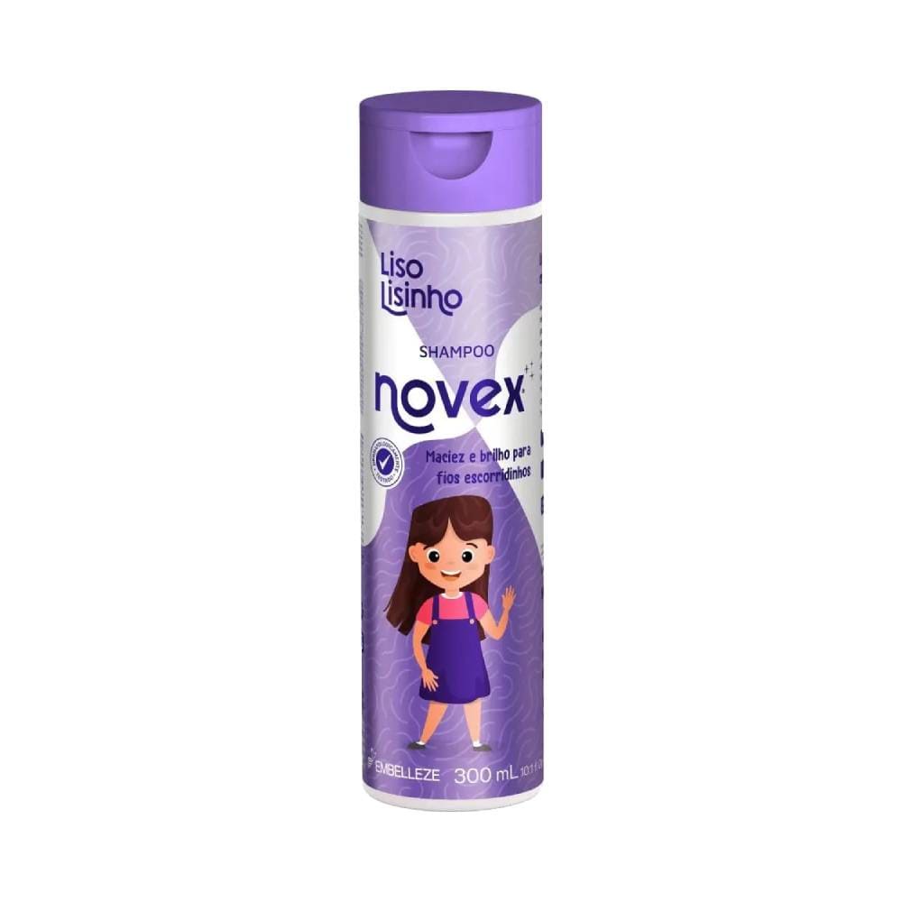 Frasco do Shampoo Novex Liso Lisinho Hidratante 300ml com design roxo e ilustração de menina com cabelo liso