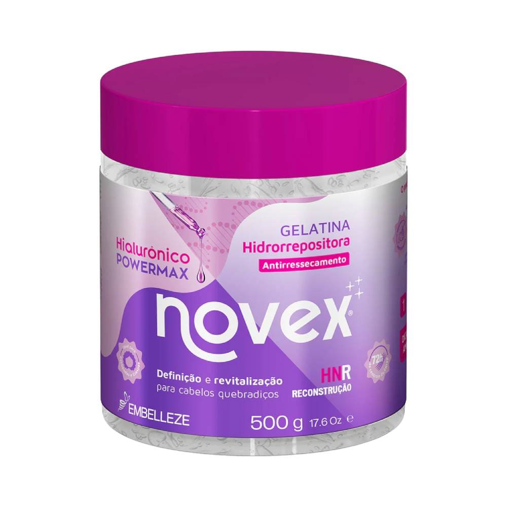 Gelatina Novex Hialurônico PowerMax Hidrorrepositora em pote de 500g com tampa rosa e etiqueta lilás