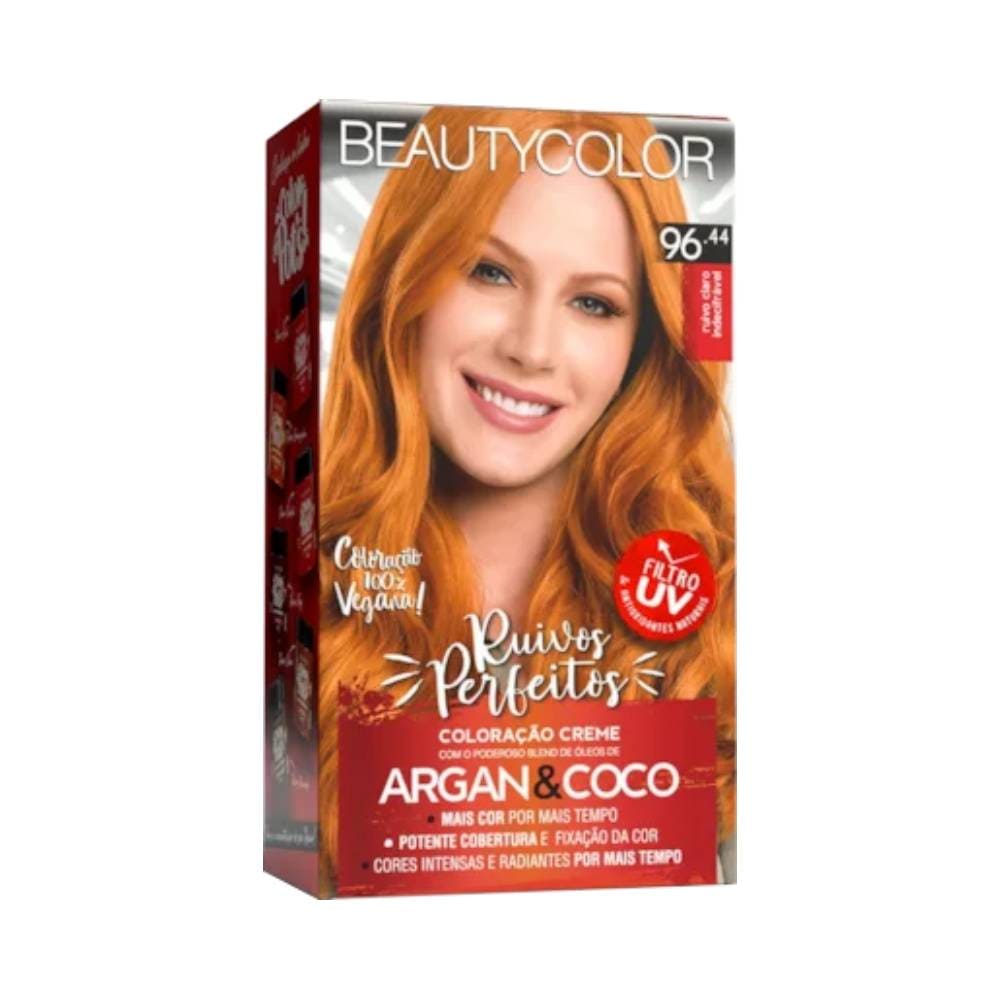 Embalagem da coloração Beauty Color Ruivos Perfeitos 96.44 Ruivo Claro Indecifrável com modelo de cabelo ruivo vibrante