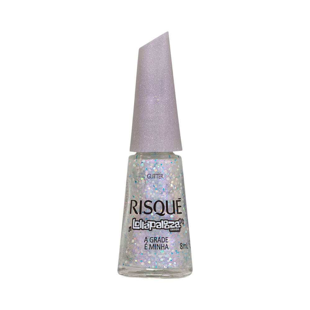 Esmalte Risqué Lollapalooza Brasil A Grade é Minha com glitter prata holográfico em frasco frontal