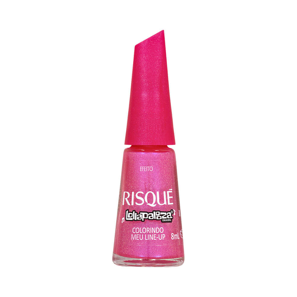 Esmalte Risqué Lollapalooza Brasil Colorindo Meu Line Up em pedestal com fundo colorido