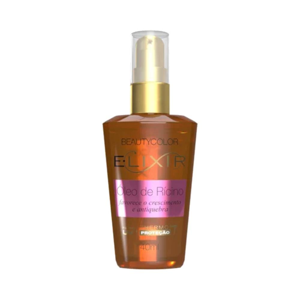 Frasco de elixir capilar Beauty Color óleo de rícino 40ml com tampa pump dourada e rótulo roxo
