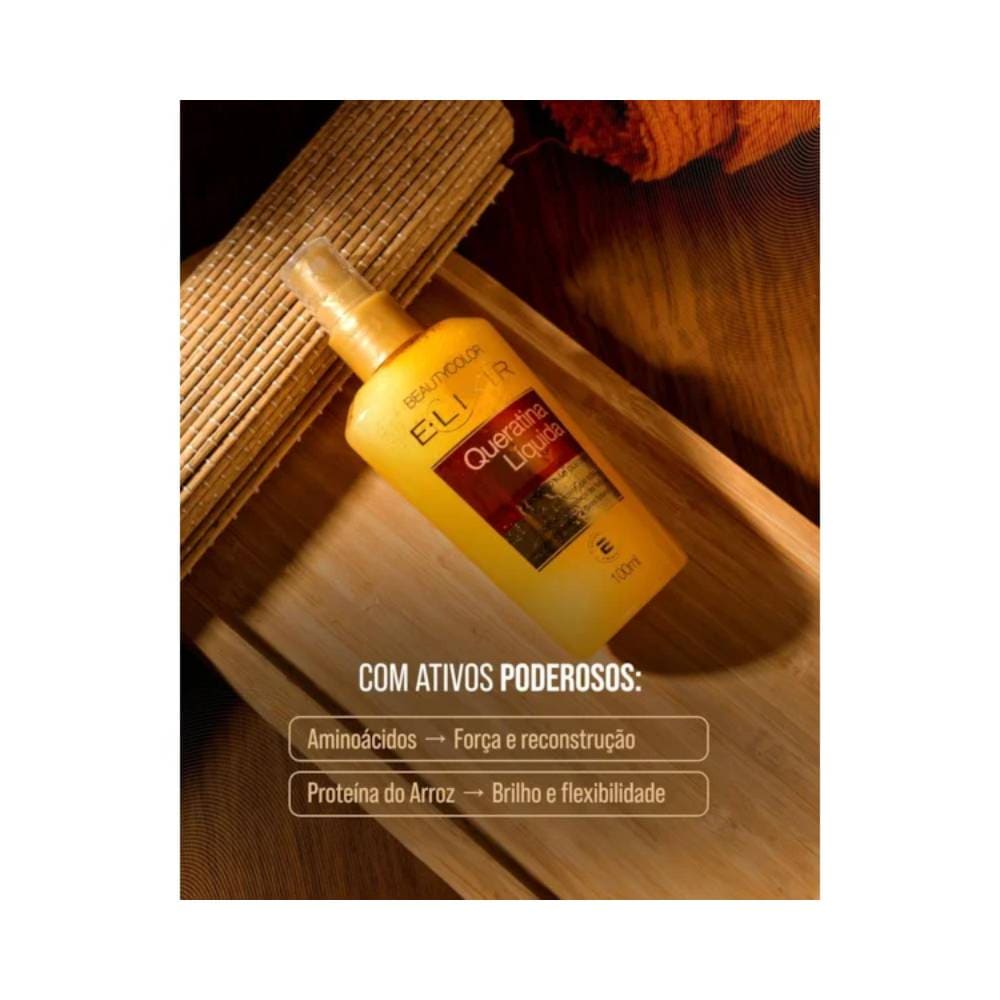 Frasco da Queratina Líquida Beauty Color E.lixir 100ml com destaque para aminoácidos e proteína do arroz