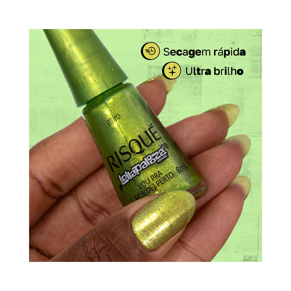 Esmalte Risqué Lollapalooza Brasil Vou para Verde Perto em destaque com brilho intenso